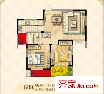 绿地波士顿公馆GB9户型 2室2厅1卫