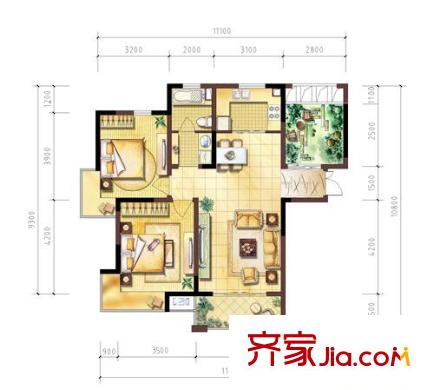 奥林匹克花园户型图4期5、6号楼WG3户型 2室2厅1卫