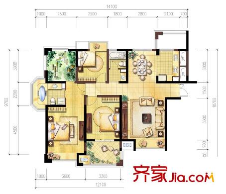 奥林匹克花园户型图5期峰景汇3、4号楼WG6户型 3室2厅2卫