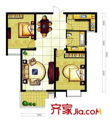奥林花园户型图三期D6-2格致户型 2室2厅1卫