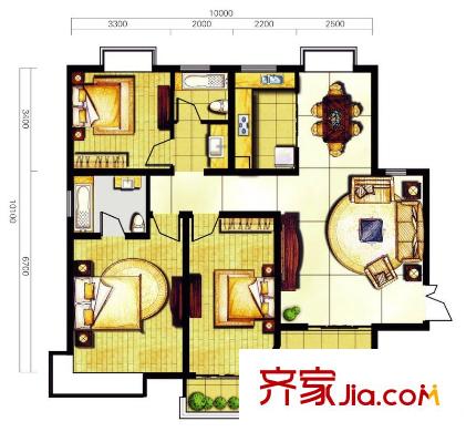 奥林花园户型图三期D5-3尊尚户型 3室2厅2卫