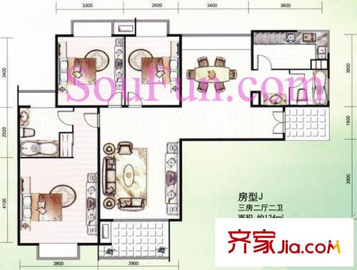 奥林花园户型图户型图 3室2厅2卫1厨
