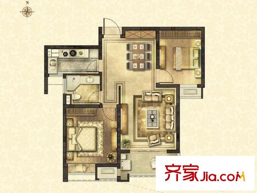 太湖国际社区D2户型 2室2厅1卫1厨
