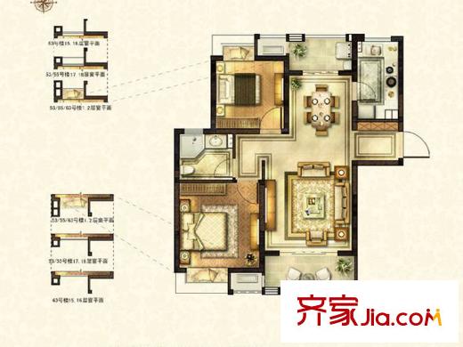 太湖国际社区E1户型 2室2厅1卫1厨