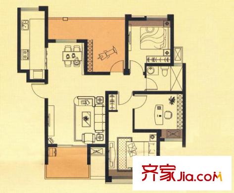 融创理想城市户型图2期小高层1号楼D1户型 3室2厅1卫