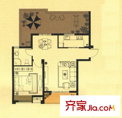 融创理想城市户型图2期小高层1号楼A3 1室2厅1卫