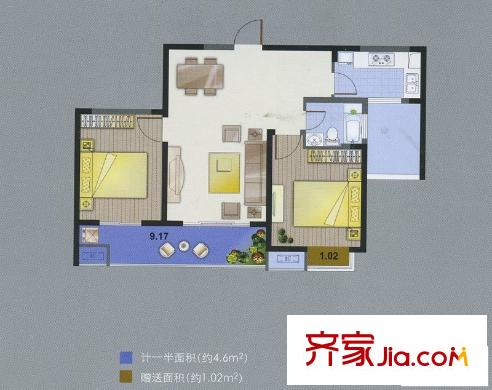 无锡滨湖万达广场户型图D区住宅F6户型 2室2厅1卫