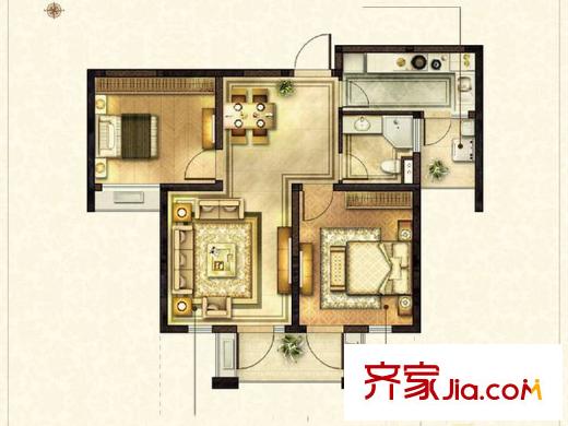太湖国际社区J2户型 2室2厅1卫1厨