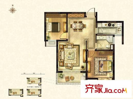 太湖国际社区E2户型 2室2厅1卫1厨