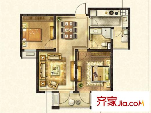 太湖国际社区K2户型 2室2厅1卫1厨