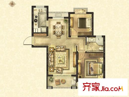 太湖国际社区D1户型 2室2厅1卫1厨