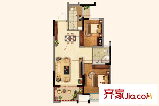 无锡万达文化旅游城小高层D2户型 2室2厅1卫1厨