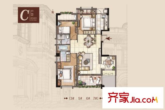 太平洋城中城C户型 3室2厅2卫1厨