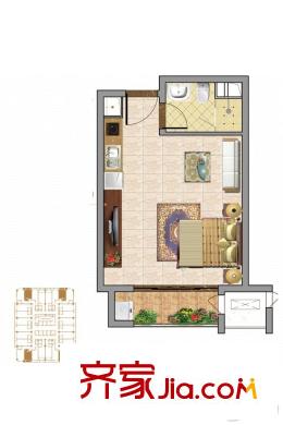 无锡万达文化旅游城公寓D-2户型 1室1厅1卫1厨