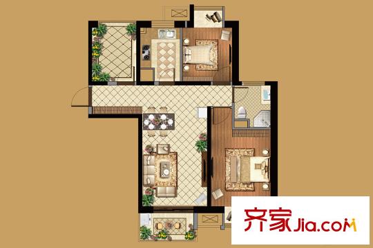 无锡万达文化旅游城103平B5户型 2室2厅1卫1厨