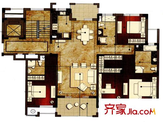 洛城・中央御景户型图 3室2厅3卫1厨
