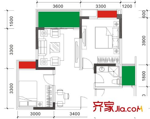 東城尚都一期2號樓標準層A1戶型（售罄） 2室2廳1衛(wèi)1廚