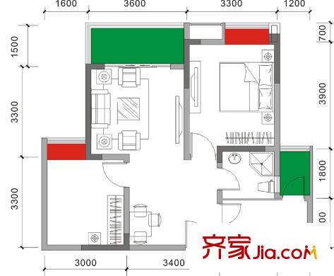 東城尚都一期3號樓標準層B1戶型（售罄） 2室2廳1衛(wèi)1廚