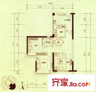 陽(yáng)光圣菲4棟E戶(hù)型 2室2廳1衛(wèi)1廚