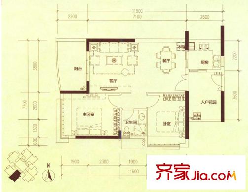 陽(yáng)光圣菲4棟D戶(hù)型 2室2廳1衛(wèi)1廚