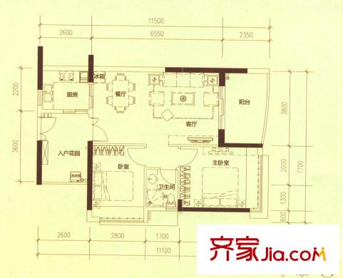 陽光圣菲1棟03戶型 2室2廳1衛(wèi)1廚