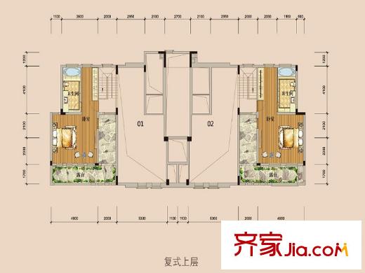 深業(yè)歐景城戶型圖23棟2單元6層復(fù)式上層01、02戶 1室1廳