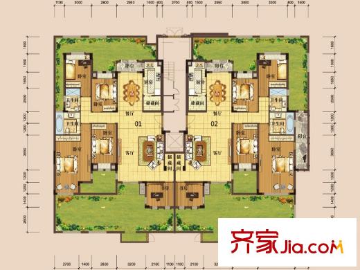 深業(yè)歐景城戶型圖23棟2單元1層01、02戶 4室2廳2衛(wèi)1廚