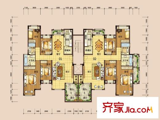 深業(yè)歐景城戶型圖23棟2單元2層01、02戶 4室2廳2衛(wèi)1廚