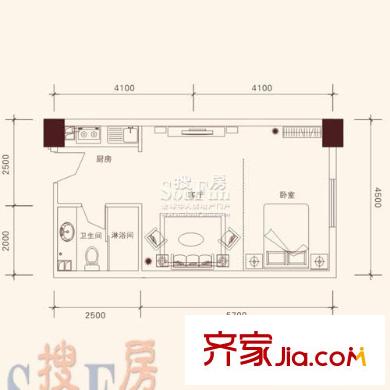 宜景康源戶型圖托期卡那艷陽(yáng)下7層01戶型 1室1廳1衛(wèi)
