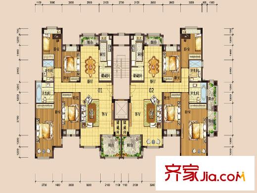 深業(yè)歐景城戶型圖23棟2單元3層01、02戶型 4室2廳2衛(wèi)1廚