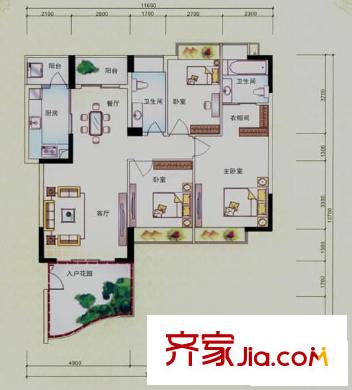 濱江花園戶型圖1棟至尊品位1單元標(biāo)準(zhǔn)層02戶型 3室2廳2衛(wèi)