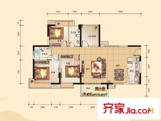 翠湖豪苑戶(hù)型圖2、3、4、5、6棟D2戶(hù)型 3室2廳2衛(wèi)1廚