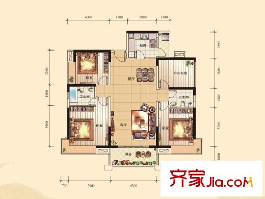 翠湖豪苑戶(hù)型圖2、3、4、5、6棟C1戶(hù)型 3室2廳2衛(wèi)1廚