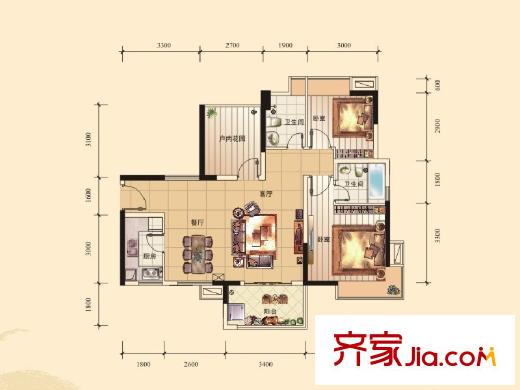 翠湖豪苑戶(hù)型圖2、3、4、5、6棟B2戶(hù)型 2室2廳2衛(wèi)1廚