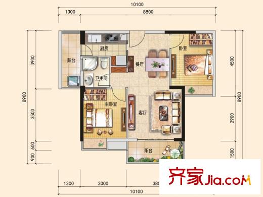 富盈盈翠曦園戶型圖7棟E戶型 2室2廳1衛(wèi)1廚