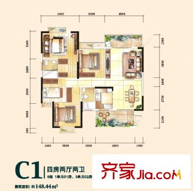 富盈盈翠曦園戶型圖6棟標(biāo)準(zhǔn)層 C1戶型 4室2廳2衛(wèi)1廚