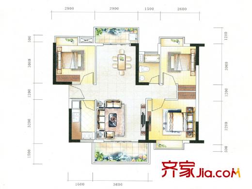 富盈盈翠曦園戶型圖1棟1、2單元標(biāo)準(zhǔn)層A2戶型 3室2廳1衛(wèi)1廚