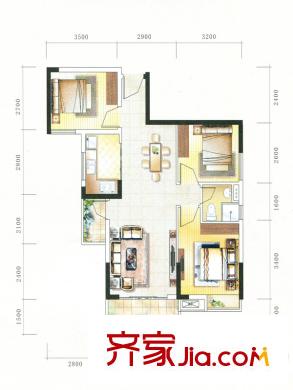 富盈盈翠曦園戶型圖1棟1、2單元標(biāo)準(zhǔn)層A3戶型 3室2廳1衛(wèi)1廚