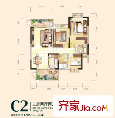 富盈盈翠曦園戶型圖6棟標(biāo)準(zhǔn)層C2戶型 3室2廳2衛(wèi)1廚