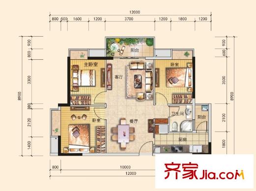 富盈盈翠曦園戶型圖7棟A戶型 3室2廳1衛(wèi)1廚