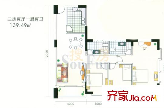 瑞康花園戶型圖3室2廳2衛(wèi)1廚