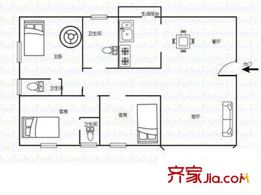 海關(guān)宿舍 3室 戶型圖