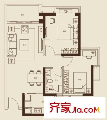海倫堡?愛ME城市一期02戶型 2室2廳1衛(wèi)1廚