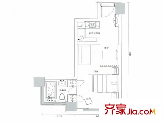 君源鉑爾曼公館戶型圖鉆石A型1單元1902房44.65平米   1室1衛(wèi)1廚
