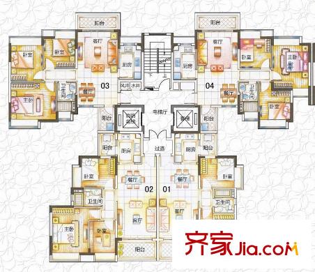 敏捷春天花園戶型圖洋房1座1單元標準層01-04戶型 2室2廳1衛(wèi)1廚