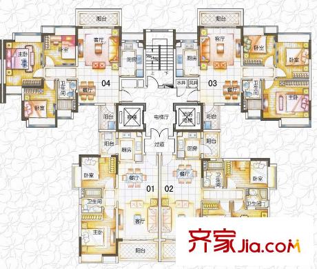 敏捷春天花園戶型圖洋房1座2單元標準層01-04戶型 3室2廳2衛(wèi)1廚