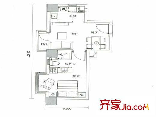 君源鉑爾曼公館戶型圖瑪瑙A型1單元1901號房 46.79平米 1室1廳1衛(wèi)1廚