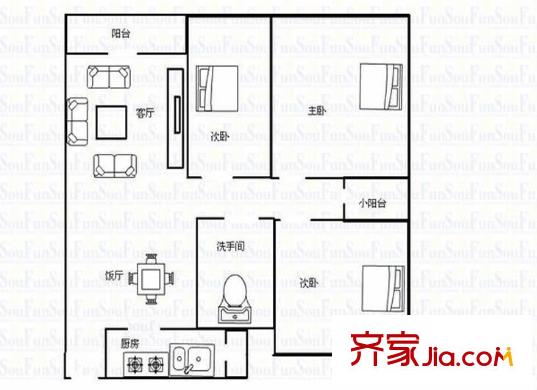 南城鴻福廣場戶型圖鴻福廣場 3室 戶型圖 3室2廳2衛(wèi)1廚
