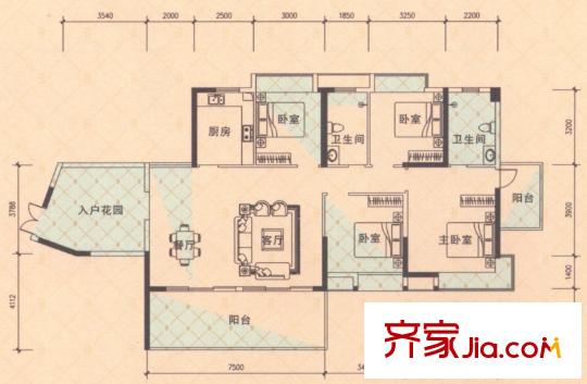 濱江公館戶型圖3棟3單元02戶型 4室2廳2衛(wèi)1廚