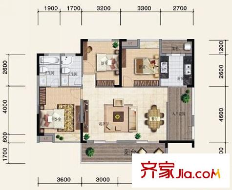 濱江公館戶型圖1#3單元01戶型 3室2廳2衛(wèi)1廚